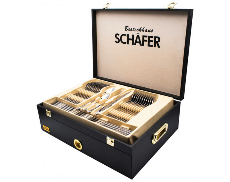 SCHÄFER Set de couverts et ustensiles de service 72 pièces avec coffret SCHÄFER Çatal Kaşık Bıçak ve Servis Gereçleri Seti 72 parça kutulu SCHÄFER Besteck-Set 72-tlg. mit Holzkoffer 