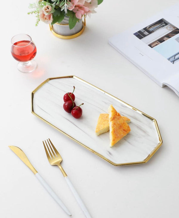 TREND HOME Lot de 2 assiettes à dessert marbré blanc avec liseré doré