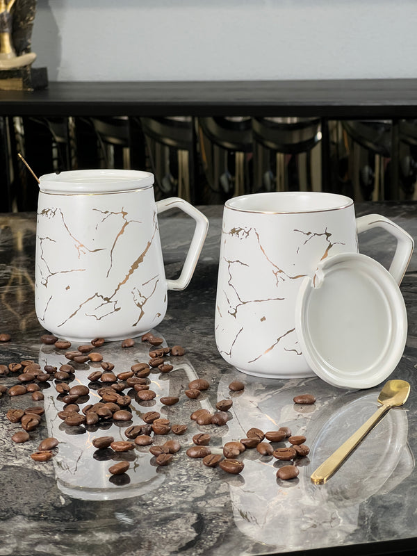 TREND HOME Lot de 2 Mugs BLANC  motif marbré doré 6 pièces