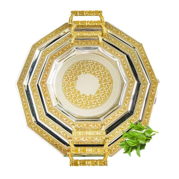 DECAGONE Lot de 3 plateaux de service oriental couleur doré DECAGONE 3 oryantal servis tepsisi seti altın rengi DECAGONE Set aus 3 goldfarbenen orientalischen Serviertabletts